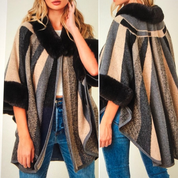 Montrez Jackets & Blazers - NEW! Faux Fur Knit Striped Cape!  S/M